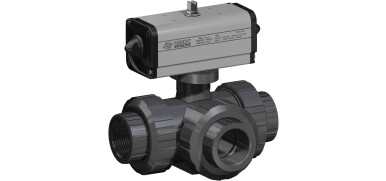 Pneumatische Kogelkraan, 3-weg, PVC, draadaansluiting, L-boring, dubbelwerkende aandrijving (DAN)