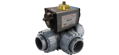 PVC Kogelkraan, 3-weg, lijmaansluiting, ISO-Top, T-boring, pneumatisch dubbelwerkend