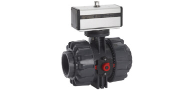 Pneumatische Kogelkraan, 2-weg, PVC, lijmaansluiting, dubbelwerkende aandrijving (DA)