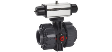 Pneumatische Kogelkraan, 2-weg, PVC, lijmaansluiting, enkelwerkende aandrijving (SR)