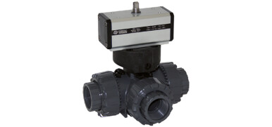 Pneumatische Kogelkraan, 3-weg, PVC, lijmaansluiting, T-boring, dubbelwerkende aandrijving (DA)