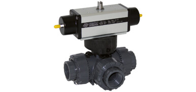 Pneumatische Kogelkraan, 3-weg, PVC, lijmaansluiting, L-boring, enkelwerkende aandrijving (SR)