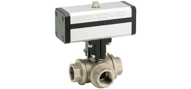 Pneumatische Kogelkraan, 3-weg, messing, binnendraad, dubbelwerkende aandrijving (DA), L-boring