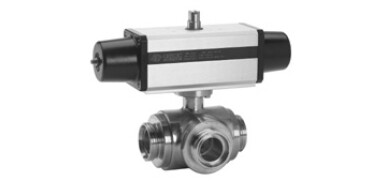 Pneumatische Kogelkraan, 3-weg, RVS, draadaansluiting, T-boring, Food, enkelwerkende aandrijving (SR)