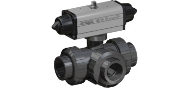 Pneumatische Kogelkraan, 3-weg, PVC, draadaansluiting, T-boring, enkelwerkende aandrijving (SRN)