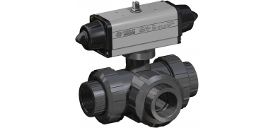 Pneumatische Kogelkraan, 3-weg, PVC, draadaansluiting, T-boring, enkelwerkende aandrijving (SRN)