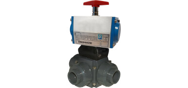 PVC Kogelkraan, 3-weg, lijmaansluiting, ISO, T-boring, pneumatisch enkelwerkend