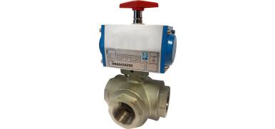 RVS kogelkraan, 3-weg, ISO, L-boring, binnendraad, pneumatisch enkelwerkend