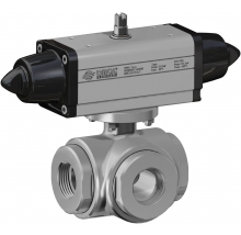 Pneumatische Kogelkraan, 3-weg, RVS, draadaansluiting, T-boring, enkelwerkende aandrijving (SR)