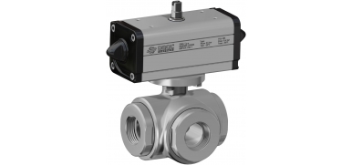 Pneumatische Kogelkraan, 3-weg, RVS, draadaansluiting, T-boring, dubbelwerkende aandrijving (DAN)