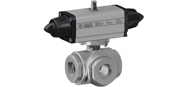 Pneumatische Kogelkraan, 3-weg, RVS, draadaansluiting, T-boring, enkelwerkende aandrijving (SRN)